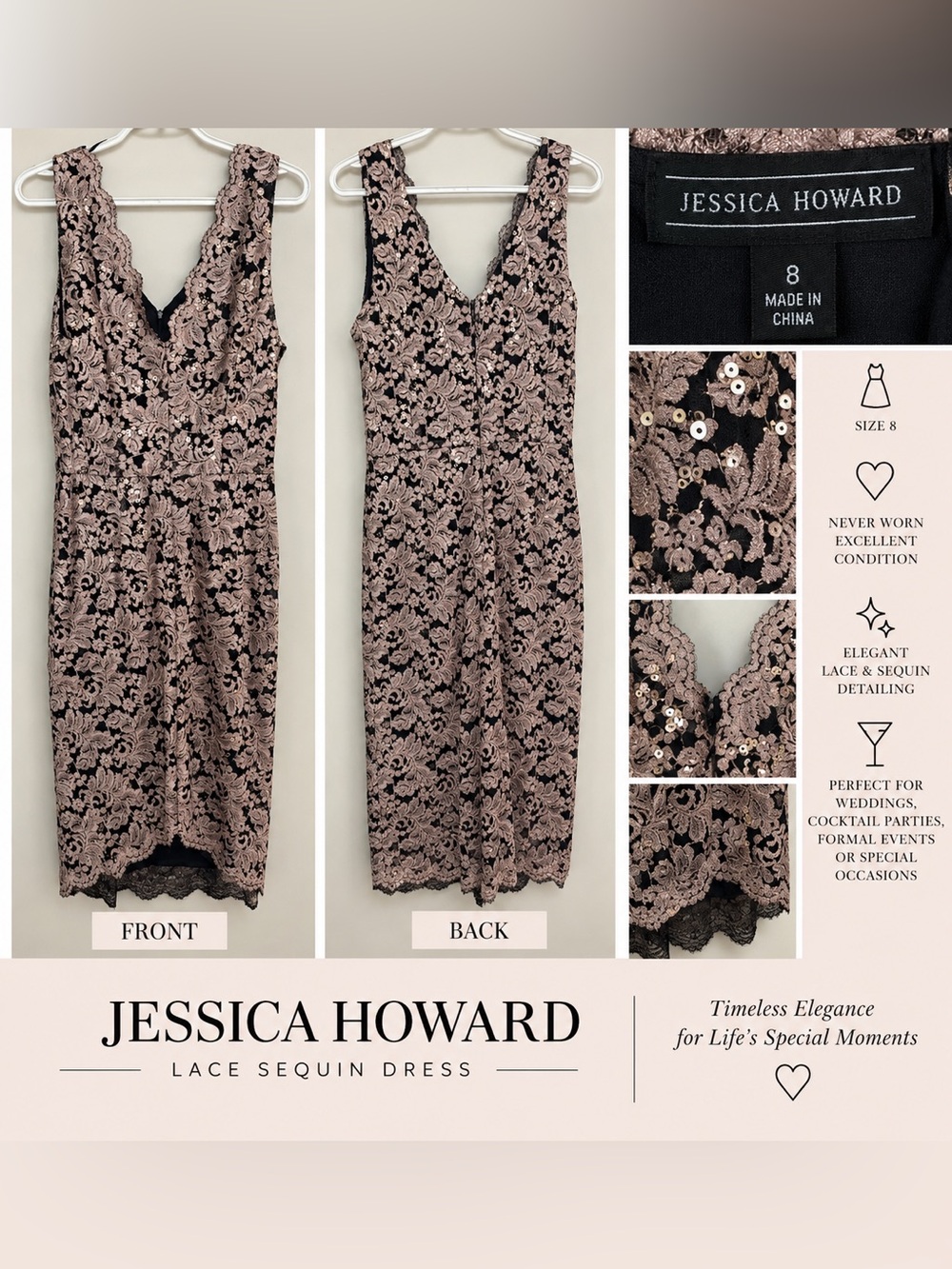 Jessica Howard Black and Blush Lace Sequin Sheath Dress